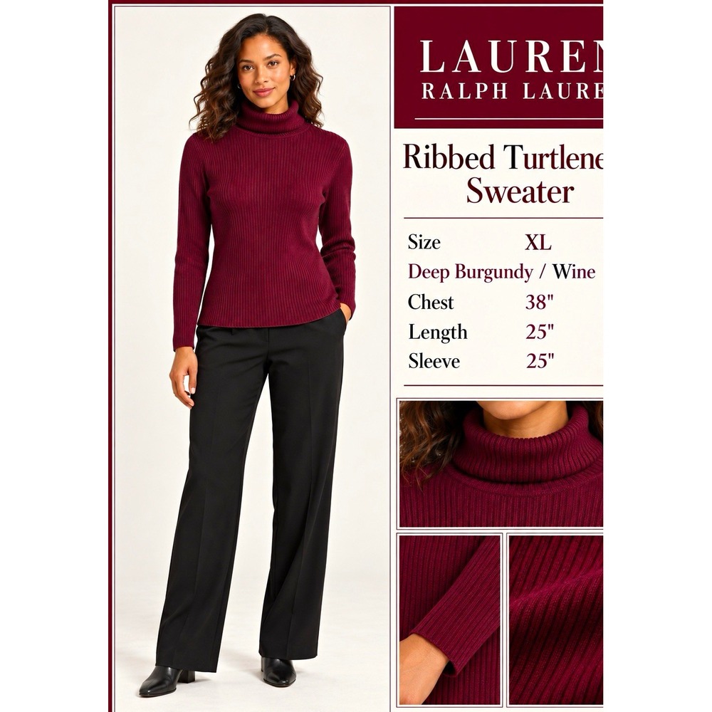 Lauren Ralph Lauren Women's XL Burgundy Ribbed Turtleneck Pullover Sweater